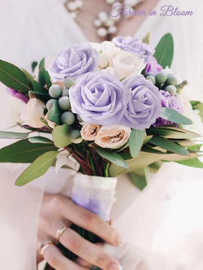 MACTING Artificial Lavender Flowers 30PCS Real Touch Fake Flowers with Stem Soft Foam Roses for Valentines Day Gifts DIY Wedding Bouquet Boutonniere Table Centerpieces Party Spring Home Decorations