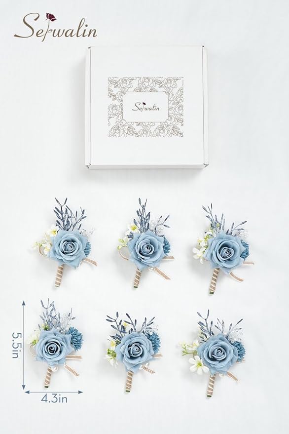 Serwalin 6PCS Boutonniere for Men,Groom and Best Man Boutonnieres for Wedding Decor Prom Anniversary Homecoming Flowers Formal Dinner Party (Blue & Dusty Blue)