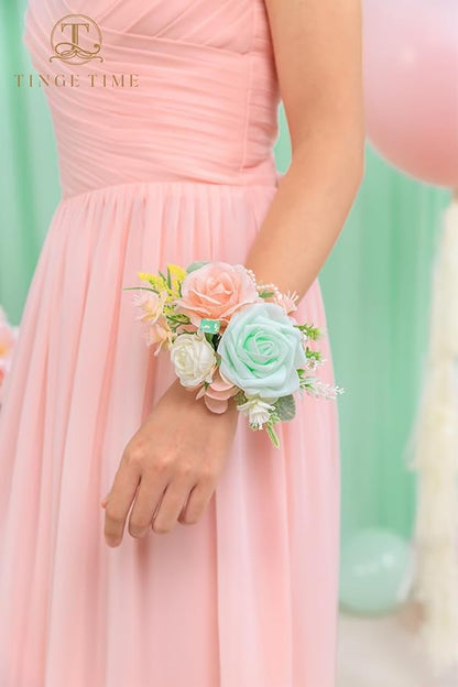 TINGE TIME Set of 2 Wrist Corsage Bracelets Pearl Wristlet Band Bridesmaid Bracelet for Wedding Ceremony Bridal Shower Wedding Artificial Flower Prom (MintGreen&Pink)