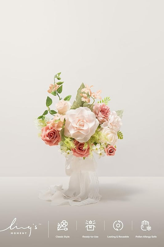 Ling's moment Artificial Flowers Pink Bridesmaid Bouquet Set of 4, Blush Garden Wedding Flowers Bouquets for Bridesmaids, 7 Inch Bridal Bouquets for Bridesmaids, Wedding, etc