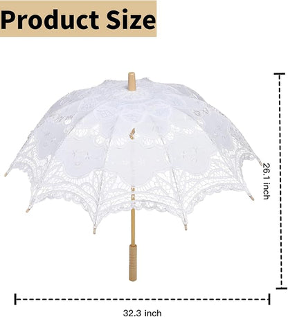 Lace Parasol Umbrella 32 Inch – Victorian Style Bridal Wedding Sunshade for Women, Lace Umbrella for Photoshoot, Tea Party, Costume, Outdoor Decoration
