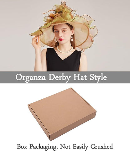 Organza Derby Hats for Women Wide Brim Fascinator Hat Rose Flower Wedding Tea Party Hat