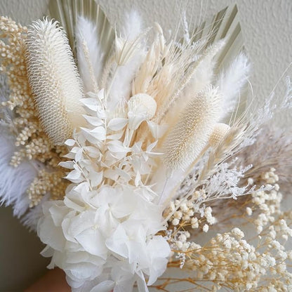 Natural Dried Pampas Dried Flower Bouquet, 17 "White Dried Fowers Bouque, Palm Leaf and Hydrangea Combination Bouquet, Boho Home Decor,Suitable for DYI Decorative Dried Flower Arrangements