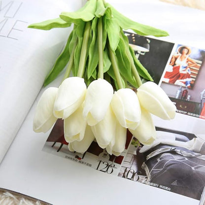 30pcs Artificial Tulips Flowers Real Touch Tulips Fake Holland PU Tulip Bouquet Latex Flower White Tulip for Wedding Party Office Home Kitchen Decoration (Pure White)