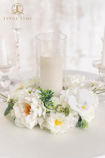TINGE TIME Artificial Flowers Combo Mix Silk Flowers White Roses w/stem for DIY Wedding Bridal Bouquets Baby Shower Floral Arrangement Table Centerpieces Home Decorations (Ivory White)