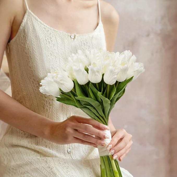 Melorca&Guilla Artificial Flowers,24Pcs 13.5inch White Tulips Fake Flowers,Real Touch Faux Flowers,Spring Décor Fake Tulips for Wedding Kitchen Shop Office Home Décor (24, White Tulip)