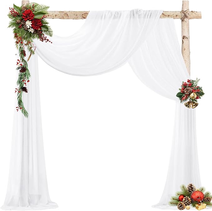 VOK White Wedding Arch Draping Fabric Chiffon Fabric, 29in x 18Ft 2 Panels Sheer Chiffon Outdoor Curtain for Wedding Ceremony Birthday Party Decoration (White,2 Panel)