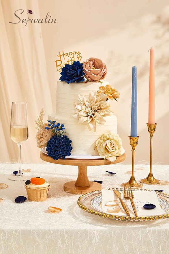 Serwalin Artificial Khaki Brown & Blue Flowers, Silk Fake Flowers for DIY Wedding Bouquets Cake Flower,Table Centerpieces Baby Shower Birthday Party Home Decorations