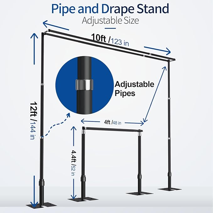 12x10ft Pipe and Drape Backdrop Stand, Double Crossbar, Heavy Duty Adjustable Background Frame with Metal Base for Parties Photography Wedding Photoshoot Decoration - Black