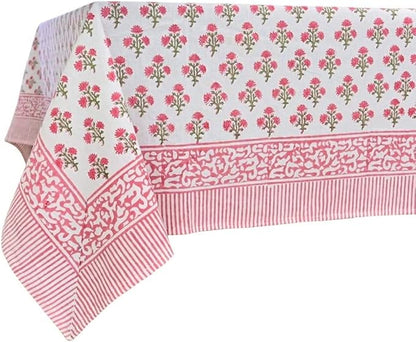 ATOSII Gulbahar White Pink 100% Cotton Fall Rectangle Tablecloth, Handblock Print Floral Table Cloth for Kitchen Dining Linen I Thanksgiving Christmas Weddings Outdoors I 72 X 120 Inches I 10 Seater
