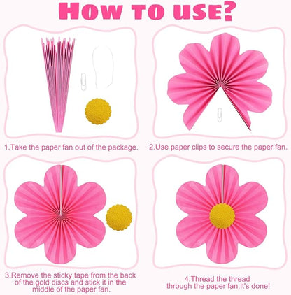Pink Party Decorations Paper Flowers Decorations for Wall Classroom Paper Fans Floral Backdrop Flower Wall Decor Pack of 9 Pink Yellow