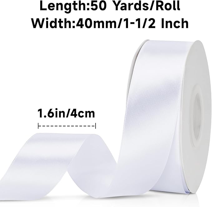KINGLAKE White Satin Ribbon 1 1/2 inch x 50 Yards - Polyester Silk Hair Ribbons, Fabric Thick White Ribbon for Floral Bouquets, Craft Bow, Gift Wrapping, Wedding, Valentines Day, Baby Shower