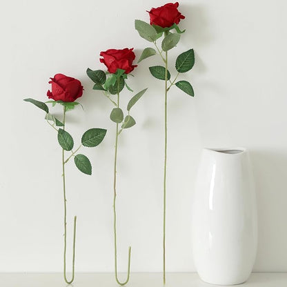 15Pcs Pearl Red Roses Artificial Flowers Fake Roses Long Stem Velet Rose Silk Flowers for Home Wedding Decoration (Pearl Roses,Red)