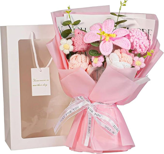 Crochet Flowers Bouquet 8PCS, Handmade Knitted Artificial Crochet Flower Gifts - Tulips Roses Daisies Carnations, Preserved Flowers for Mother's Day Valentine's Day Birthday Home Decor- Pink (Pink)
