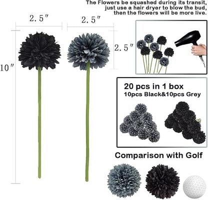 20Pcs Artificial Fake Flower Plants Silk Chrysanthemum Ball Hydrangea Arrangements Wedding Bouquets Decor Home Kitchen Garden Party Table Floral Centerpieces DIY (Black&Grey)
