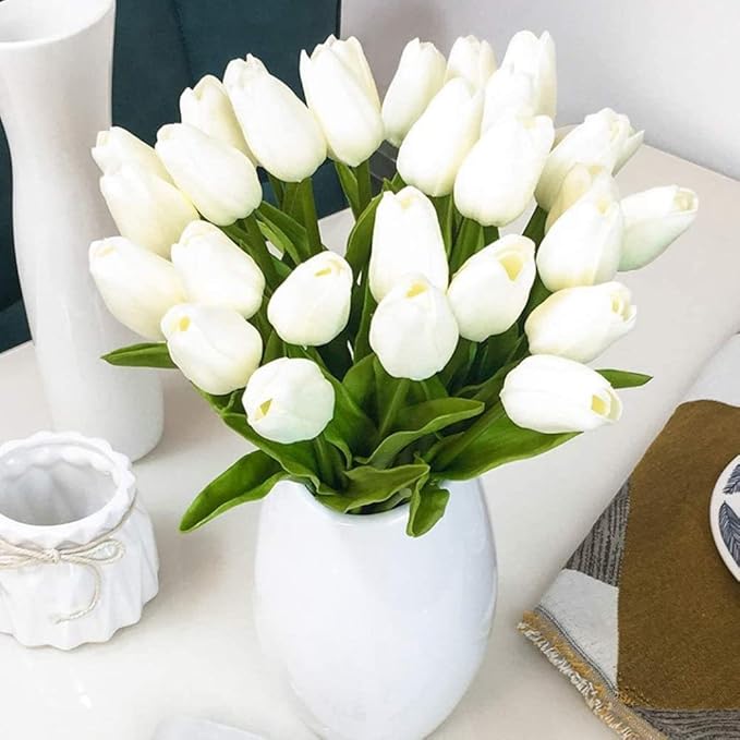 NIDONE Artificial Tulips Flowers Real Touch Tulips Holland PU Bouquet Latex Flower White for Wedding Party Office Home Kitchen Decoration 30pcs (White)