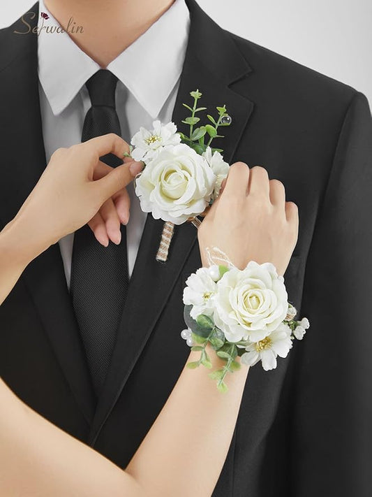 Serwalin Ivory Corsage and Boutonniere Set, Prom Flower Wrist Corsage Bracelets, Homecoming Roses Corsage Wristlet and Men Boutonniere for Wedding Flowers Accessories Prom Suit Decorations