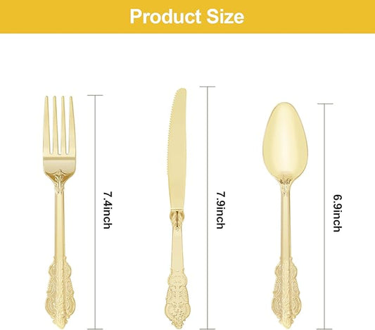 300PCS Gold Plastic Silverware for 100 Guests, Heavy Duty Gold Disposable Utensils Sets, Includes 100 Forks, 100 Spoons, 100 Knives, Elegant Cutlery Perfect for Wedding, Party