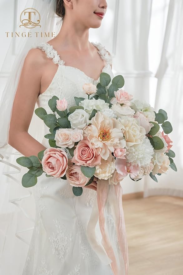 TINGE TIME 17 Inch Artificial Bridal Bouquet Realistic Silk Wedding Bouquet, Durable Fake Flowers for Brides, Bridesmaids, Home Decor, and Events (Champange&Pink)