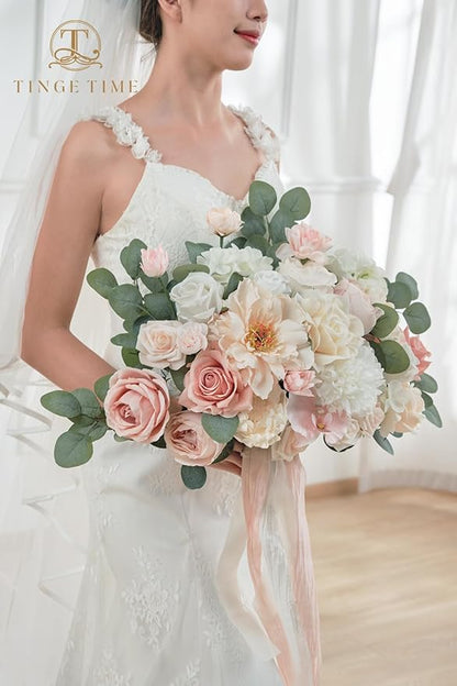 TINGE TIME 17 Inch Artificial Bridal Bouquet Realistic Silk Wedding Bouquet, Durable Fake Flowers for Brides, Bridesmaids, Home Decor, and Events (Champange&Pink)