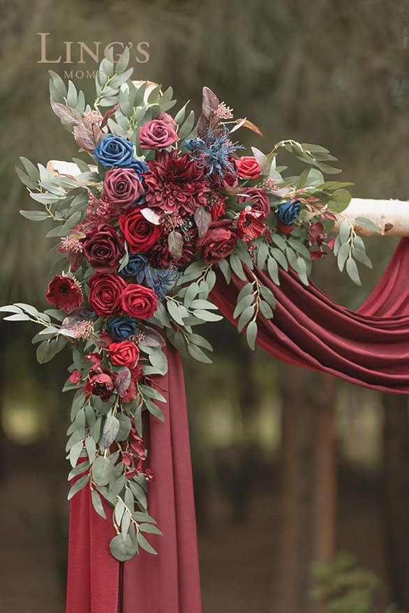 Ling's moment Burgundy Artificial Wedding Arch Flowers Kit Pack of 4, 2pcs Hanging Flower Arrangement 2pcs Chiffon Drapes Ceremony Reception Fake Rose Arbor Backdrop Floral Party Outdoor Decorations