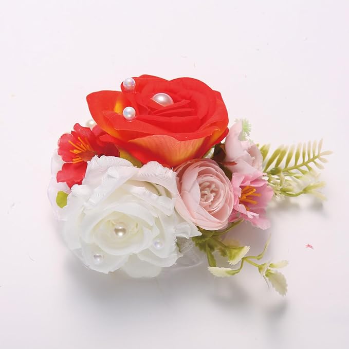 Red White Rose Wrist Corsage, Pack of 2 PCS Wedding Bridal Wrist Flower Corsage Hand Flower Artificial Silk Rose Decor for Prom Party Wedding (Red-White, 2pcs).