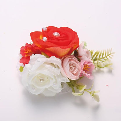 Red White Rose Wrist Corsage, Pack of 2 PCS Wedding Bridal Wrist Flower Corsage Hand Flower Artificial Silk Rose Decor for Prom Party Wedding (Red-White, 2pcs).