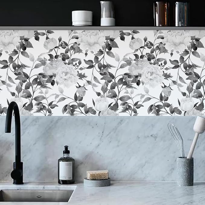 Floral Wallpaper Peel and Stick Black and White Wallpaper Self Adhesive Removable Vinyl Flower Contact Paper for Decorative Bedroom Home Wall (17.7"x236.2")