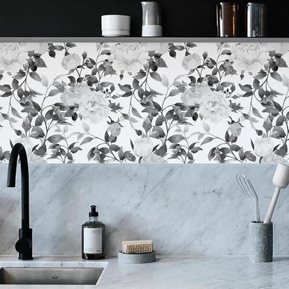 Floral Wallpaper Peel and Stick Black and White Wallpaper Self Adhesive Removable Vinyl Flower Contact Paper for Decorative Bedroom Home Wall (17.7"x236.2")