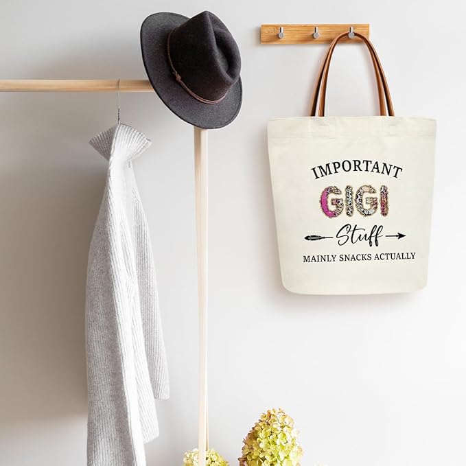 Canvas Tote Bag for Women, Important Stuff Bag with Leather Handle, Reusable Grocery Bags for Shopping Beach Travel