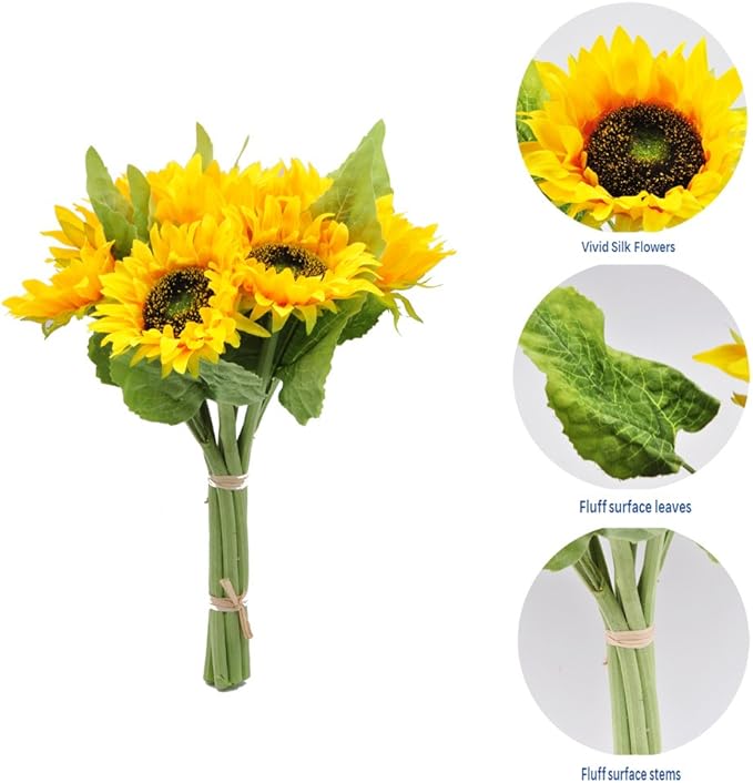 Artificial Flowers 2pcs 14'' Sunflower Bouquets with 7pcs Silk Flowers for Wedding Bridal Bouquet Bridesmaid Home Decor Housewarming Gift Office Baby Shower (Yellow)