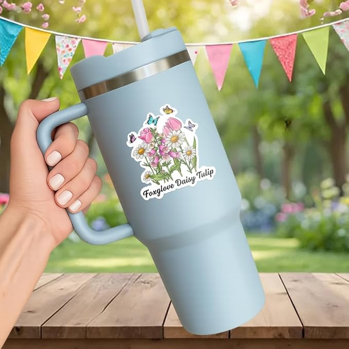 HANDICHI Design 5-Pack 5 Inch Foxglove Daisy Tulip Stickers – Floral Vinyl Decals, FDT Bumper Stickers, Waterproof Aesthetic Flower Sticker Pack for Laptops, Water Bottles, Journals