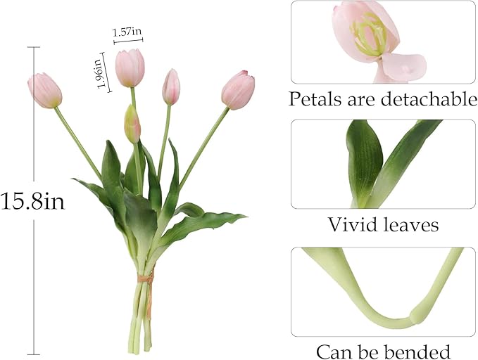 10PCS Pink Fake Tulips Artificial Flowers Real Touch Latex Faux Tulips UV Resistant Fake Flowers Bouquet for Table Home Decor Party Wedding Garden Decoration