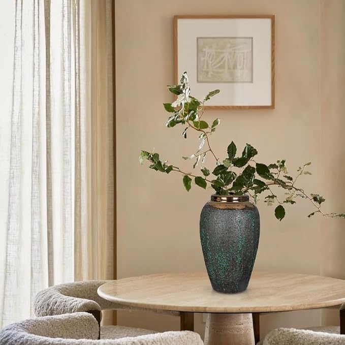 Ceramic Flower Vase, 12" Rustic Farmhouse Flower Vase with Wide Bronze Mounth, Vintage Tall Terracotta Vase for Home Office Resto Café Decoration