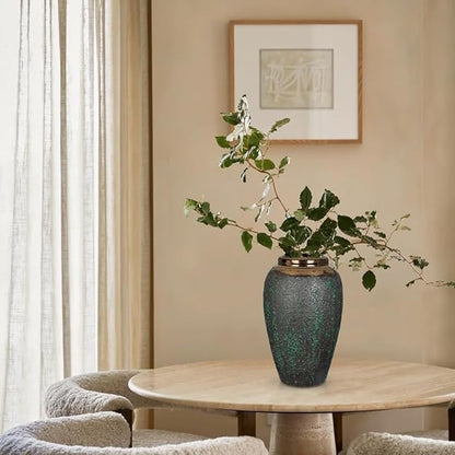 Ceramic Flower Vase, 12" Rustic Farmhouse Flower Vase with Wide Bronze Mounth, Vintage Tall Terracotta Vase for Home Office Resto Café Decoration