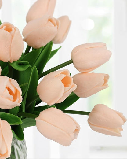 MACTING 30 PCS Artificial Tulip Flowers 13.7" Real Touch Fake PU Tulips Bouquet Faux Flowers for Floral Arrangements Table Centerpiece Kitchen Home Indoor Outdoor Summer Decorations (Light Pink)