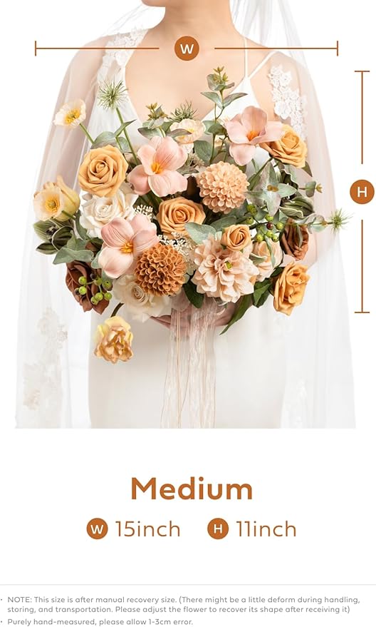 Ling's moment Peach Wedding Bouquets for Bride, Apricot Bridal Bouquets for Bride,15 Inch Free Form Artificial Wedding Flower Bouquet