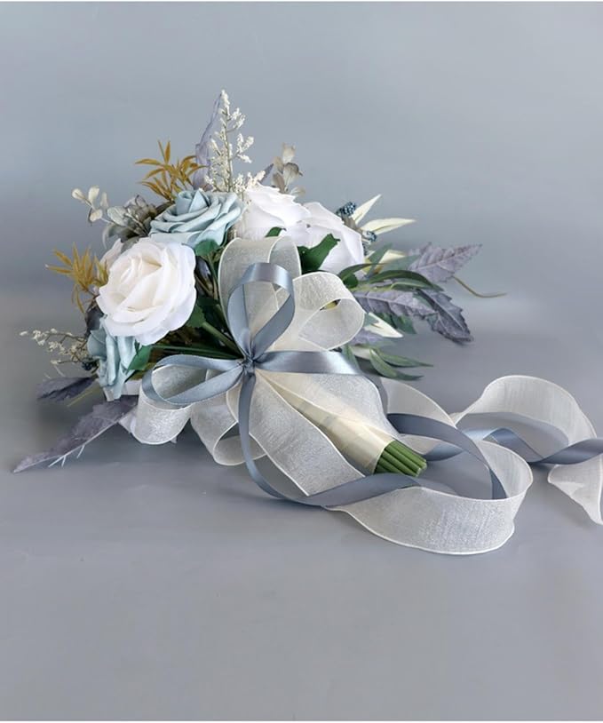 Bridal Bouquets for Bride, Champagne Grey Blue Wedding Bouquet for Bride Artificial Flowers Cascading Bridal Bouquets for Wedding Ceremony and Anniversary Bridal Shower Home Decoration