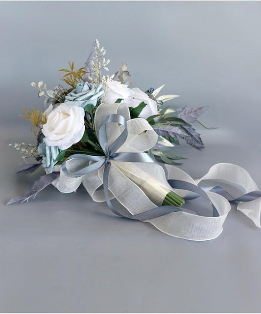 Bridal Bouquets for Bride, Champagne Grey Blue Wedding Bouquet for Bride Artificial Flowers Cascading Bridal Bouquets for Wedding Ceremony and Anniversary Bridal Shower Home Decoration