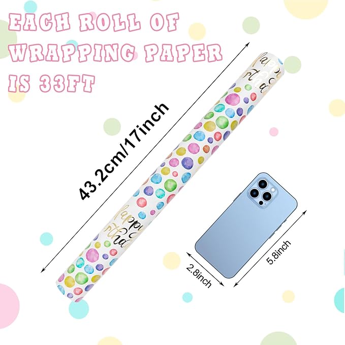 KIMOBER Birthday Wrapping Paper Roll,Colourful Paper with polka dot Gold Happy Birthday and Cut Lines on Reverse(17in×33ft Roll)