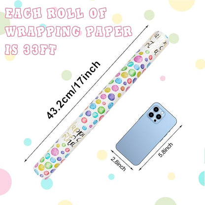 KIMOBER Birthday Wrapping Paper Roll,Colourful Paper with polka dot Gold Happy Birthday and Cut Lines on Reverse(17in×33ft Roll)