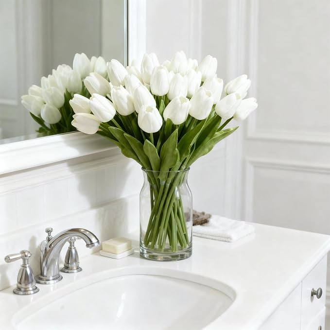 Real Touch Artificial Tulips, 20pcs Fake Tulip Flowers Stem, PU Faux Tulips 13.5” for Mother's Day, Home Decor, Wedding, Easter Valentine's Gift, Table Centerpieces, Floral Arrangements, White