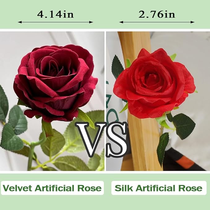 Jasion 50PCS Artificial Roses 4.14'' Realistic Velvet Large Flowers Long Stem Faux Flowers Bouquet for Wedding Home Party Table Centerpieces Decorations (Red)