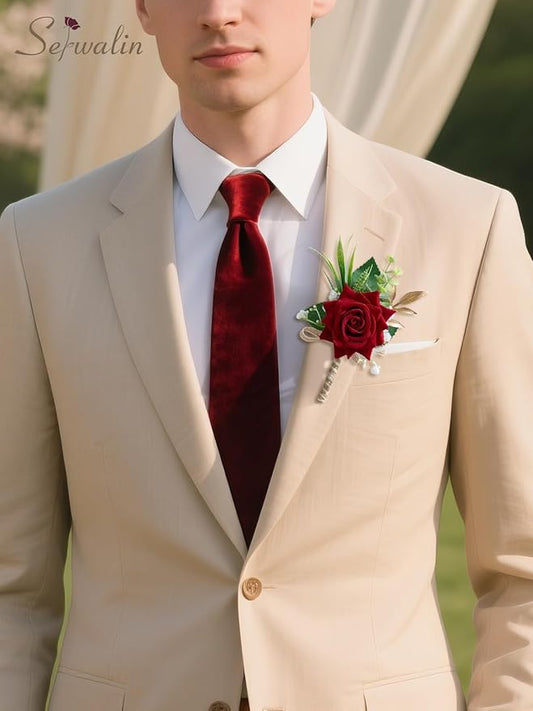 Serwalin 6PCS Red Rose Boutonniere for Men Wedding Groom Groomsmen Best Man Boutonniere for Wedding Ceremony Anniversary Prom Flowers Formal Dinner Party, Red