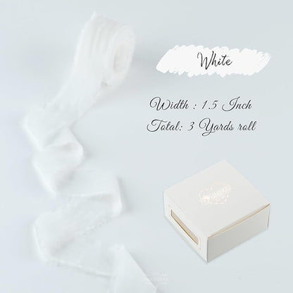 White Velvet Ribbon 1.5 Inch Frayed Silk Velvet Ribbon Rustic White Christmas Velvet for Gift Raw Edge Boho Style for Wedding Invitation Bridal Bouquet -3yards