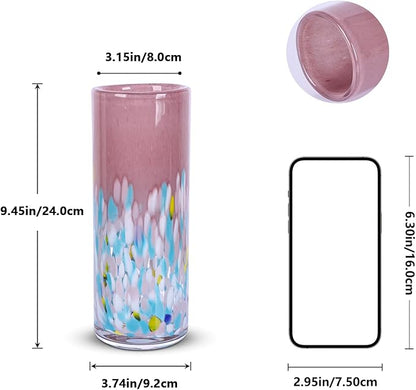 9.45" Tall Pink Vase Hand Blown Glass Vase Green, Modern Pink Home Centerpieces Wide Mouth Vases for Bud&Flower Decor - Ideal Living Room, Kitchen, Wedding, Dining Table, Office Center Table