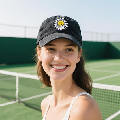 Waldeal Pickleball Hat for Women, Ajustable Embroidered Daisy Washed Denim Baseball Cap