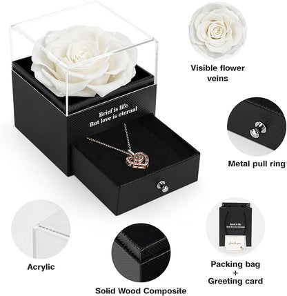 for Mom Wife Women Preserved Real Rose with I Love You Necklace in 100 Language for Her Girlfriend, White Eternal Rose Flower Gifts for Valentine's Day Birthday Anniversary