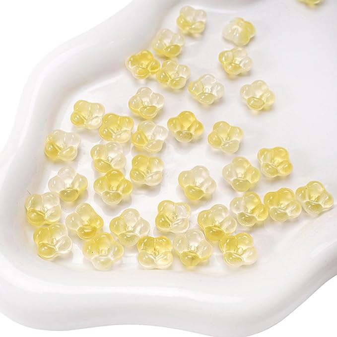 100PCS Glass Flower Beads for Jewelry Making 4 Petal Flower Bead Caps Gradient Cute Floral Beads Aesthetic Charms for Necklace Bracelets Earrings DIY Craft Home Decoration-Yellow