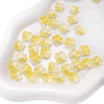 100PCS Glass Flower Beads for Jewelry Making 4 Petal Flower Bead Caps Gradient Cute Floral Beads Aesthetic Charms for Necklace Bracelets Earrings DIY Craft Home Decoration-Yellow